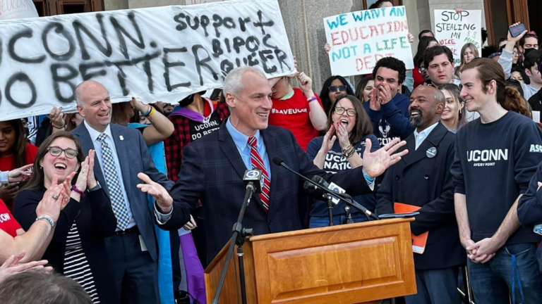 Sen. Derek Slap, D-West Hartford, Speaks at a rally in support of the University of Connecticut on Feb 15, 2023. Credit: Lawrence Cook / Senate Democrats.